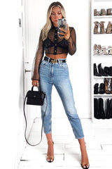 Black Sheer Button Front Crop Blouse - Damari-Tops