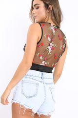 Black Sheer Floral Embroidered Body - Myracle-Bodysuits