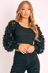 Black Sheer Frill Sleeve Ribbed Crop Top - Nelly-Crop Tops
