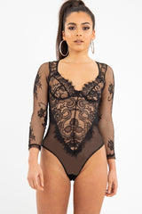 Black Sheer Lace Cup Long Sleeve Bodysuit - Izela-Bodysuits