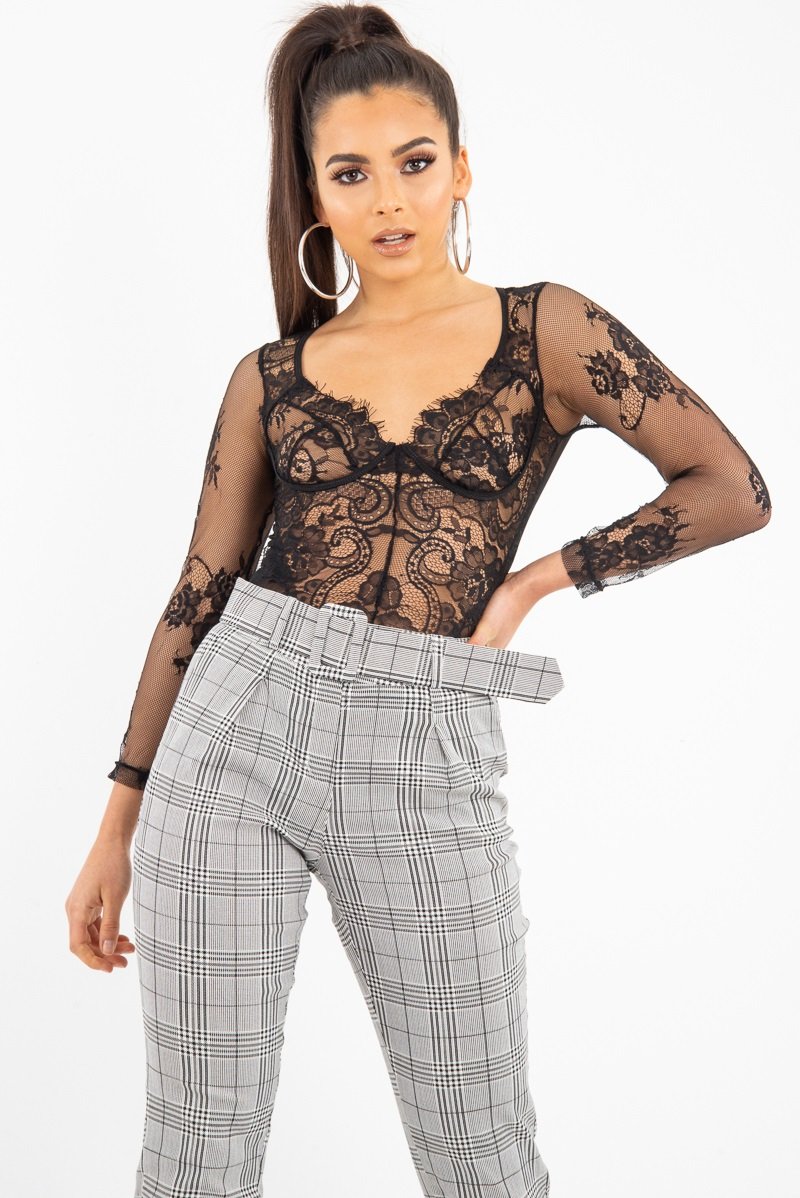 Black Sheer Lace Cup Long Sleeve Bodysuit - Izela-Bodysuits