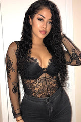 Black Sheer Lace Cup Long Sleeve Bodysuit - Izela-Bodysuits