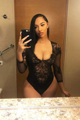Black Sheer Lace Cup Long Sleeve Bodysuit - Izela-Bodysuits