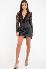 Black Sheer Lace Plunge Long Sleeve Bodysuit - Janica-Bodysuits