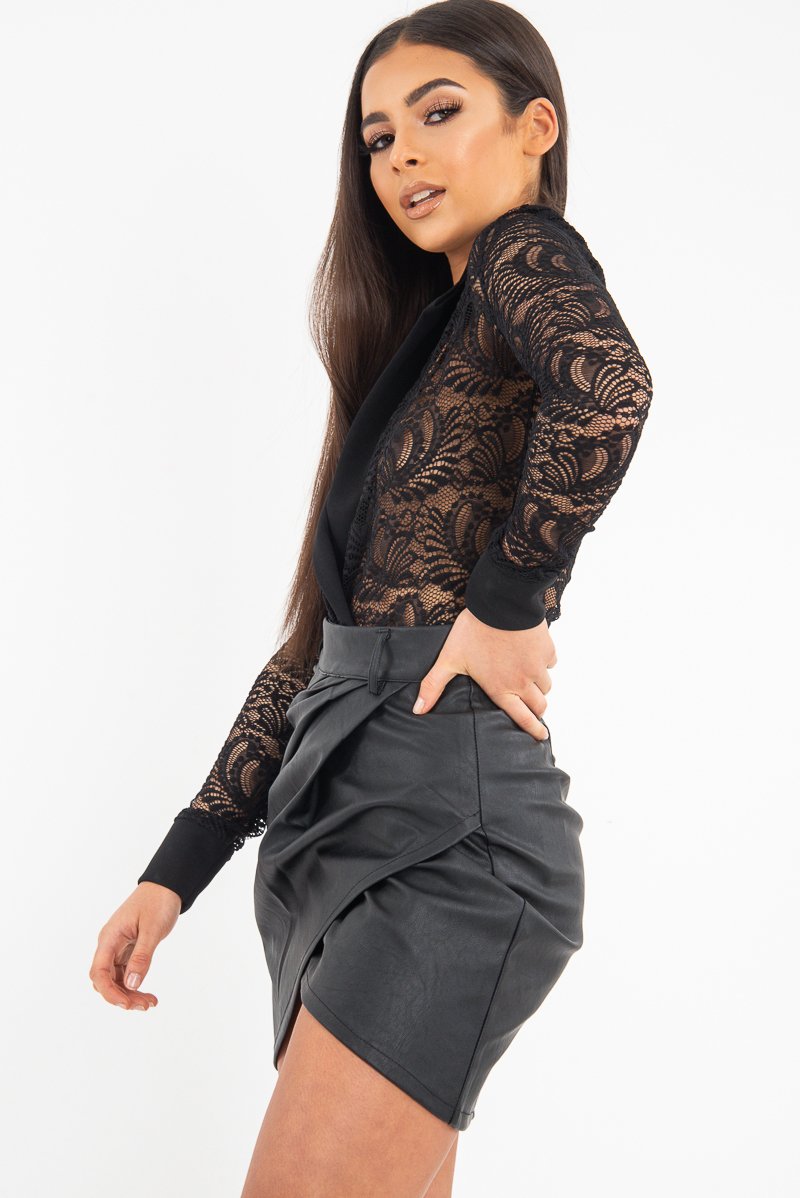 Black Sheer Lace Plunge Long Sleeve Bodysuit - Janica-Bodysuits