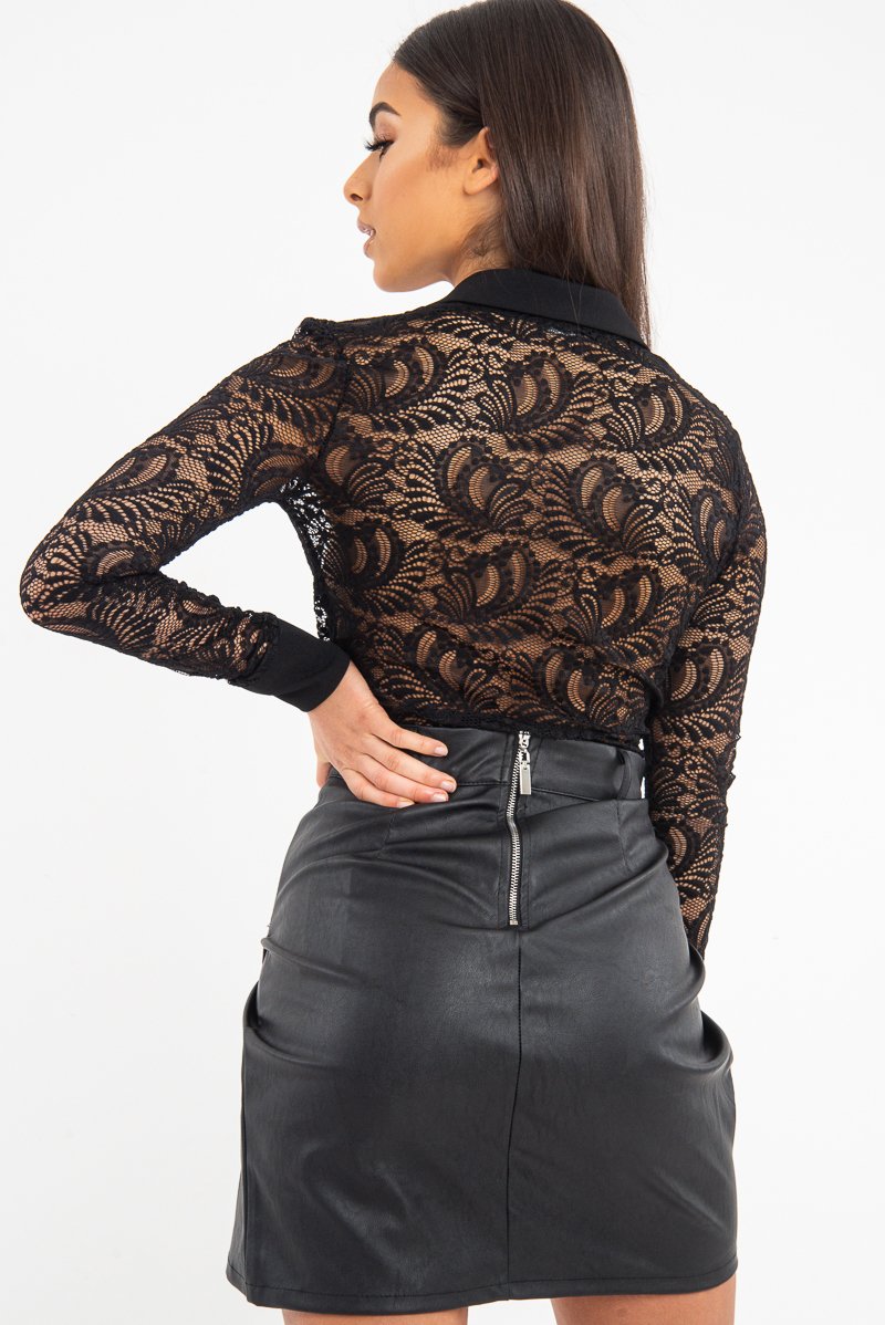 Black Sheer Lace Plunge Long Sleeve Bodysuit - Janica-Bodysuits