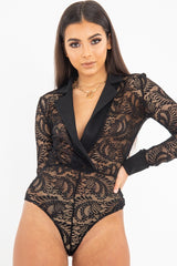 Black Sheer Lace Plunge Long Sleeve Bodysuit - Janica-Bodysuits