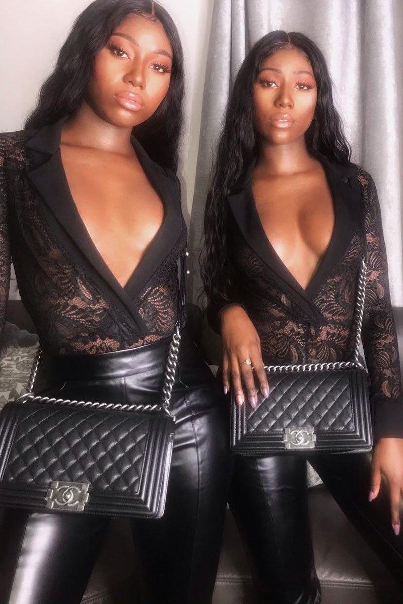 Black Sheer Lace Plunge Long Sleeve Bodysuit - Janica-Bodysuits