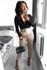 Black Sheer Lace Plunge Long Sleeve Bodysuit - Janica-Bodysuits