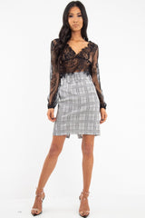 Black Sheer Lace Plunge Long Sleeve Top - Eyana-Crop Tops