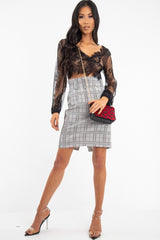 Black Sheer Lace Plunge Long Sleeve Top - Eyana-Crop Tops