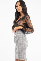 Black Sheer Lace Plunge Long Sleeve Top - Eyana-Crop Tops