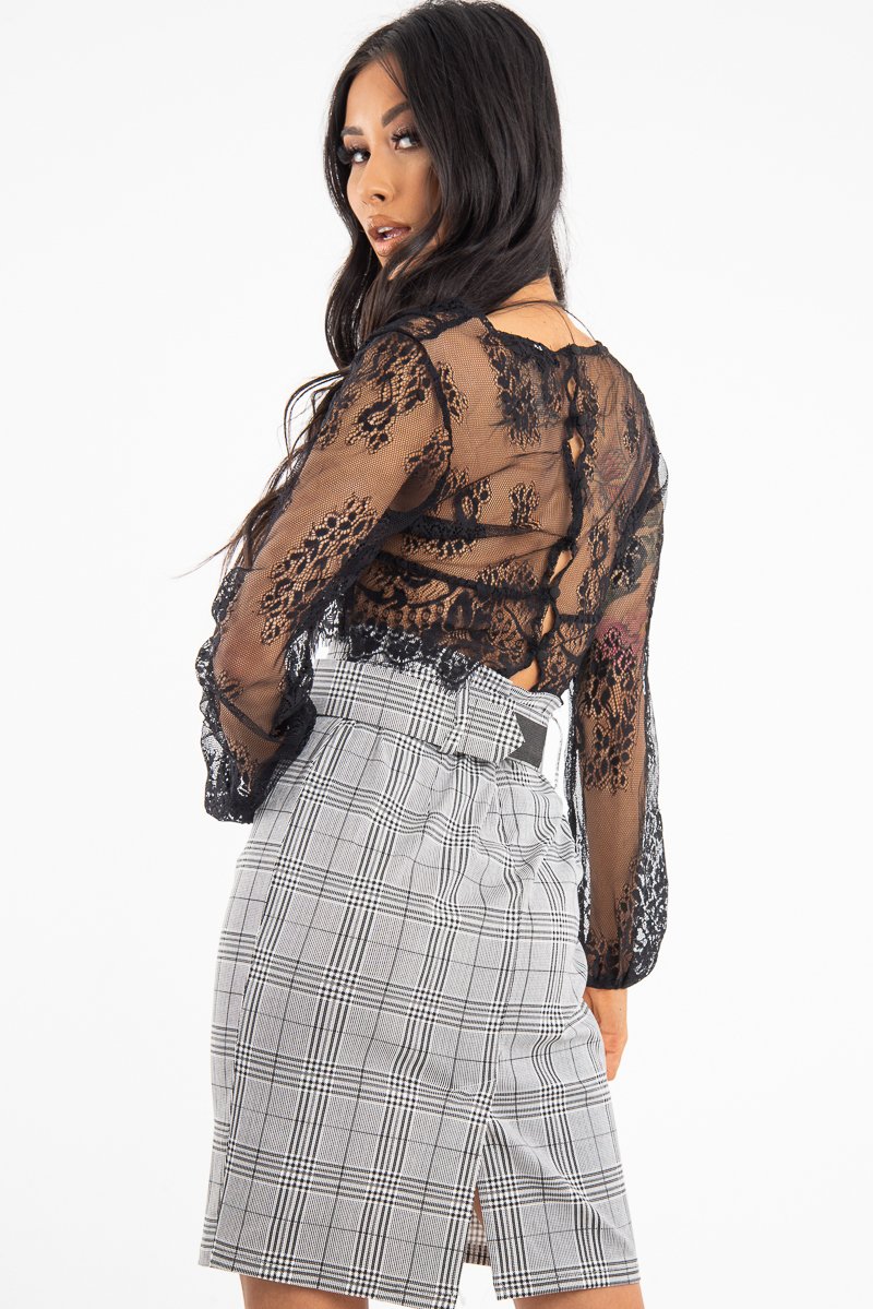 Black Sheer Lace Plunge Long Sleeve Top - Eyana-Crop Tops