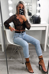 Black Sheer Lace Plunge Long Sleeve Top - Eyana-Crop Tops