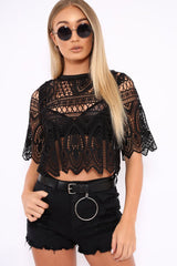 Black Sheer Lace Scalloped Crop Top - Odyssey-Crop Tops