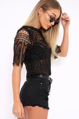 Black Sheer Lace Scalloped Crop Top - Odyssey-Crop Tops