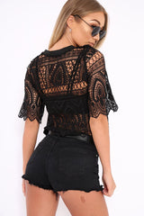Black Sheer Lace Scalloped Crop Top - Odyssey-Crop Tops