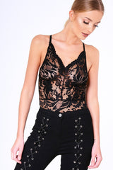 Black Sheer Lace Strappy Bodysuit - Rozina-Bodysuits
