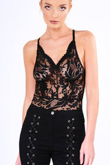 Black Sheer Lace Strappy Bodysuit - Rozina-Bodysuits