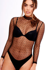 Black Sheer Mesh Diamond Print Bodysuit - Candice-Bodysuits