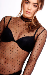 Black Sheer Mesh Diamond Print Bodysuit - Candice-Bodysuits