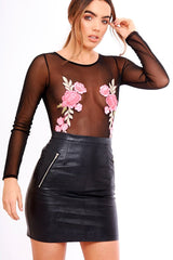 Black Sheer Mesh Embroidered Long Sleeved Bodysuit - Malina-Bodysuits