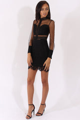Black Sheer Mesh Lace Detail Dress - Jaylee-Dresses