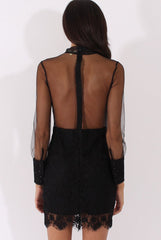 Black Sheer Mesh Lace Detail Dress - Jaylee-Dresses