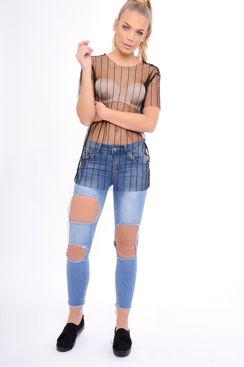 Black Sheer Mesh Striped T-Shirt - Shontelle-Tops