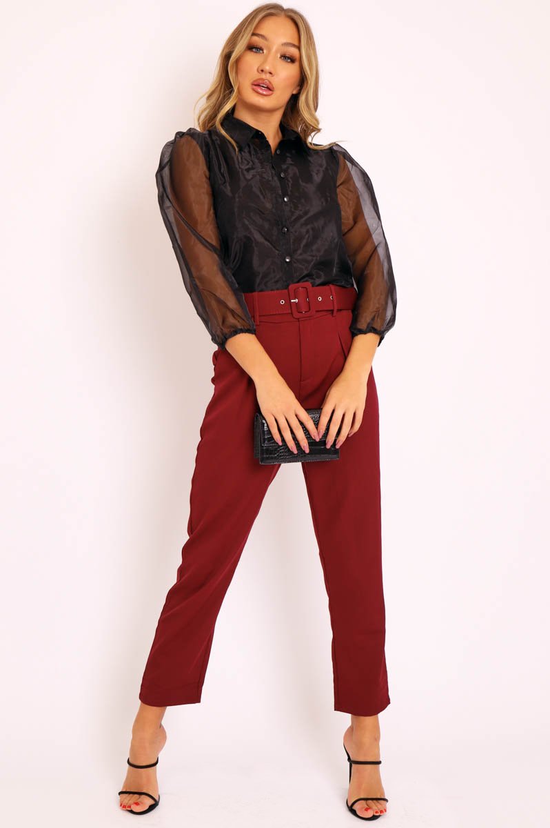 Black Sheer Organza Sleeve Button Front Shirt - Ciena-Shirts
