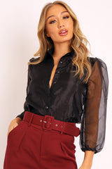 Black Sheer Organza Sleeve Button Front Shirt - Ciena-Shirts