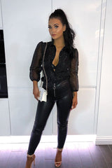 Black Sheer Organza Sleeve Button Front Shirt - Ciena-Shirts