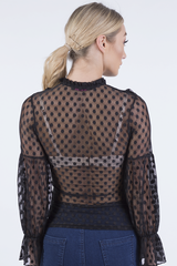 Black Sheer Polka Dot Frill Blouse - Kaitlin-Blouses