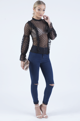 Black Sheer Polka Dot Frill Blouse - Kaitlin-Blouses