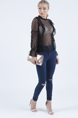 Black Sheer Polka Dot Frill Blouse - Kaitlin-Blouses