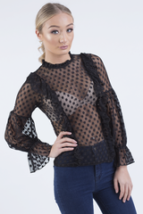 Black Sheer Polka Dot Frill Blouse - Kaitlin-Blouses