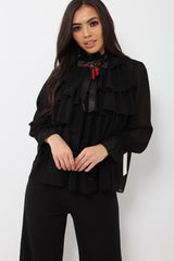 Black Sheer Ruffle Blouse with Striped Neck Tie - Viktoria-Shirts