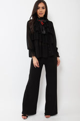 Black Sheer Ruffle Blouse with Striped Neck Tie - Viktoria-Shirts