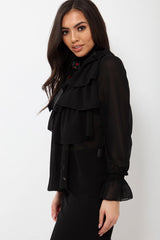 Black Sheer Ruffle Blouse with Striped Neck Tie - Viktoria-Shirts