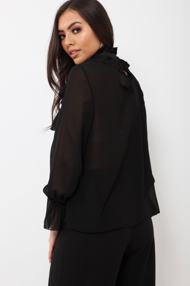 Black Sheer Ruffle Blouse with Striped Neck Tie - Viktoria-Shirts