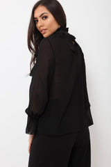 Black Sheer Ruffle Blouse with Striped Neck Tie - Viktoria-Shirts