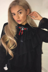 Black Sheer Ruffle Blouse with Striped Neck Tie - Viktoria-Shirts