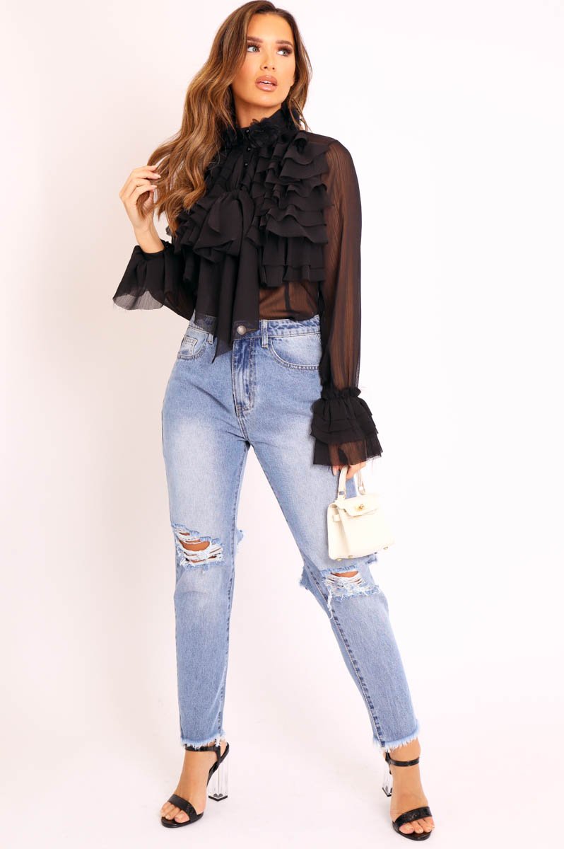 Black Sheer Ruffle Floral Applique Shirt - Angelinna-Shirts