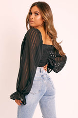 Black Sheer Striped Bardot Crop Top - Ellerie-Tops