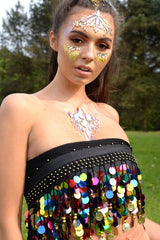 Black Sheer Top with Sequin and Coin Tassels - Taytem-Tops