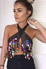 Black Sheer Top with Sequin and Coin Tassels - Taytem-Tops