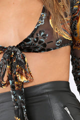 Black Sheer and Velvet Floral Print Tie Crop Top - Heidey-Crop Tops