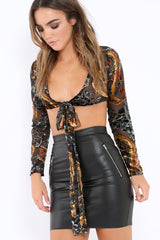 Black Sheer and Velvet Floral Print Tie Crop Top - Heidey-Crop Tops