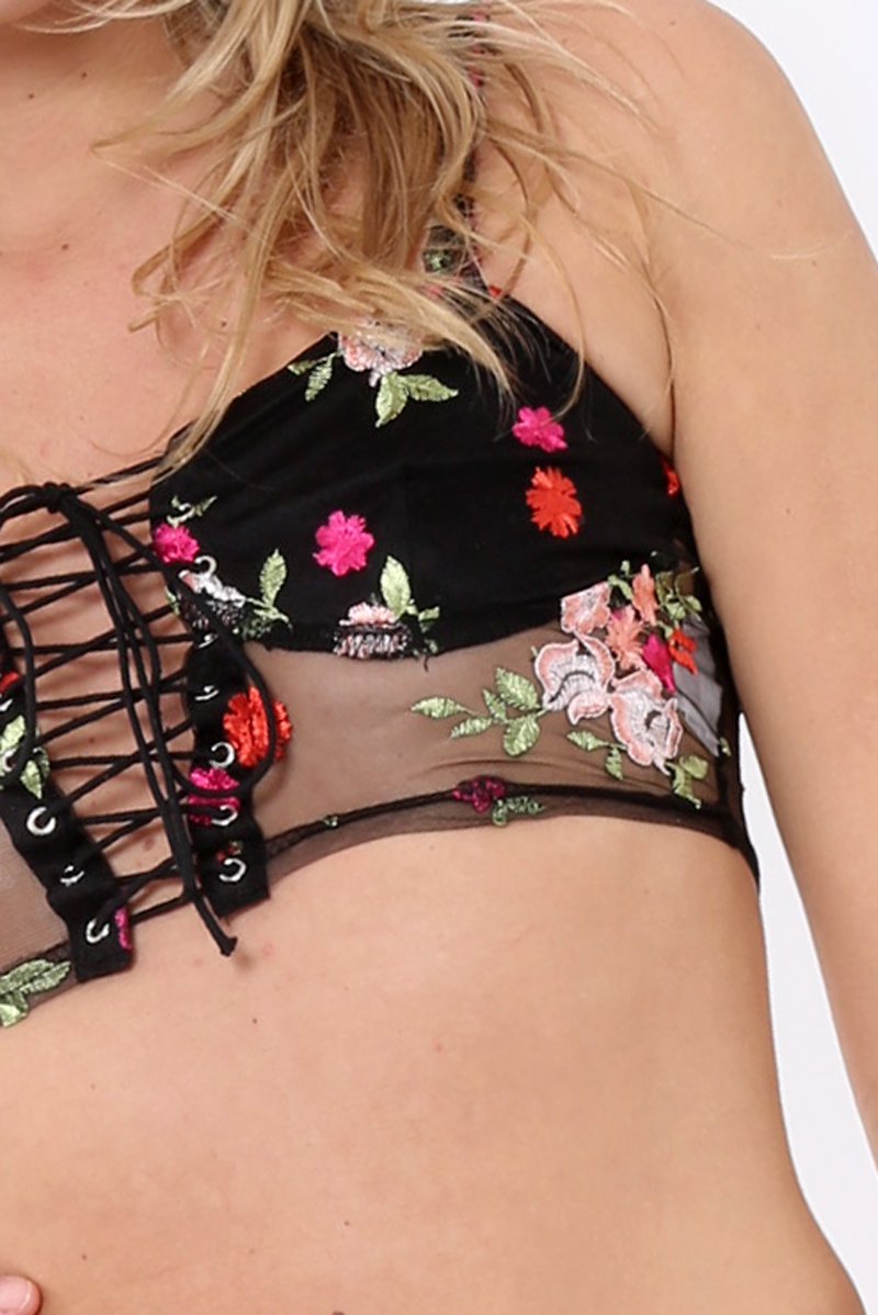 Black Sheer mesh floral embroidered bralet - Amy-Bralets