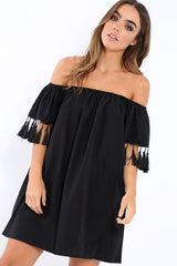 Black Shift Dress With Tassle Sleeves - Danielle-Dresses